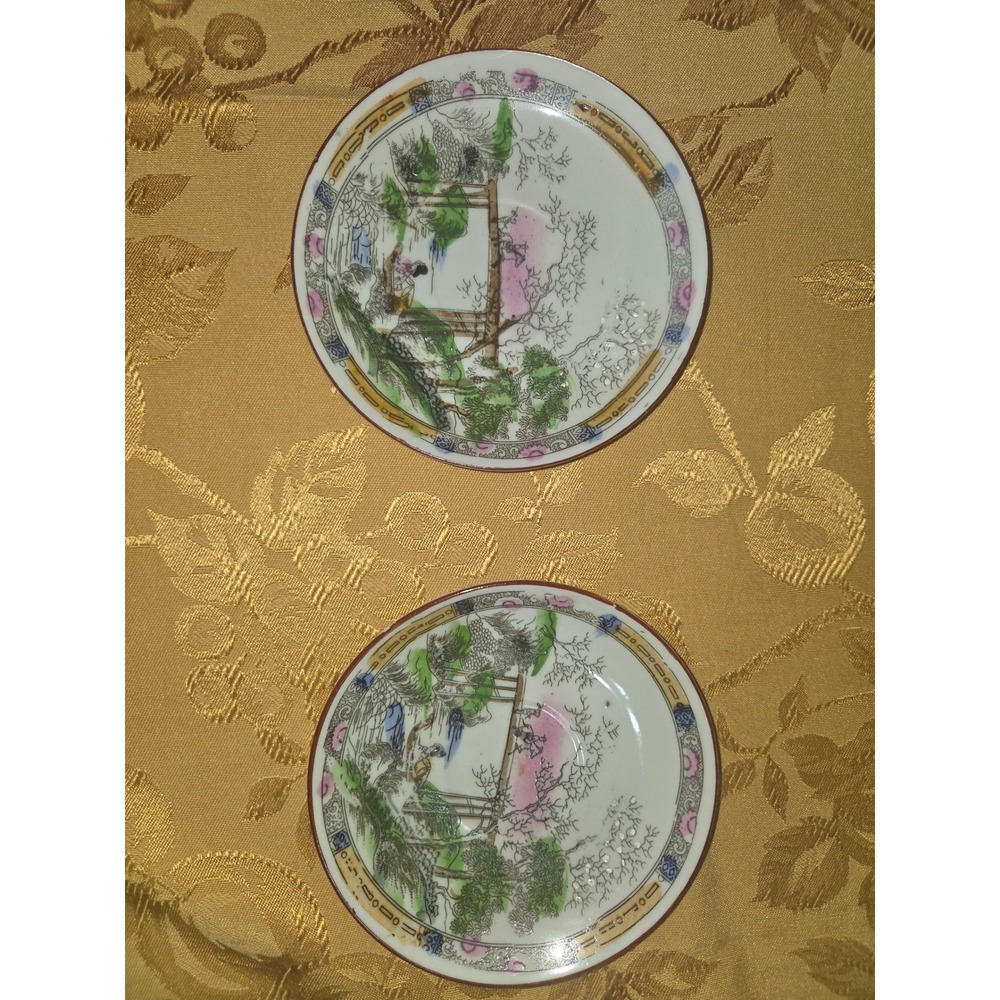 Vintage Made in Japan Porcelain Saucers Set of 2 Hand Painted Landscape Geisha